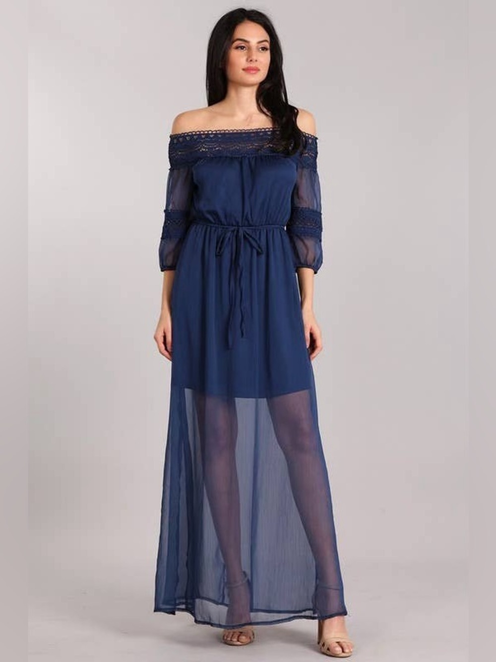 Sheer Navy One-Shoulder Maxi Dress with Drawstring Waist